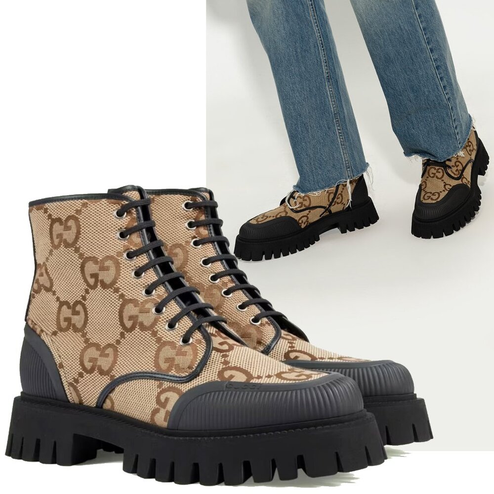 GUCCI BOOTS MENS MAXI GG CANVAS LACE-UP COMBAT w LUG SOLE